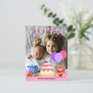 Süße rosa Kinderspielzeuge Geburtstagsfeier Foto Postkarte