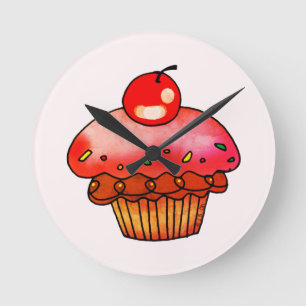 Süße rosa Kirsch-Cupcake-Illustration Dessert-Kuns Runde Wanduhr