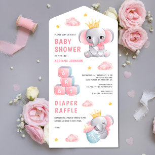 Süße rosa Königinnen-Elefanten-Mädchen-Baby-Party All In One Einladung