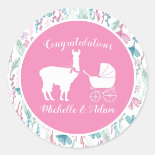 Süße Rosa Lama Mädchen Babyparty Runder Aufkleber