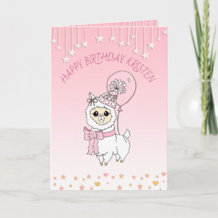 Süße rosa Lama Mädchen personalisierte Alles Gute  Karte