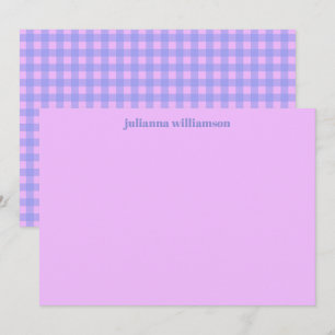 Süße rosa lila Gingham-Papeterie mit Namen Mitteilungskarte