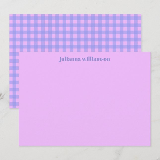 Süße rosa lila Gingham-Papeterie mit Namen Mitteilungskarte (Vorne/Hinten)