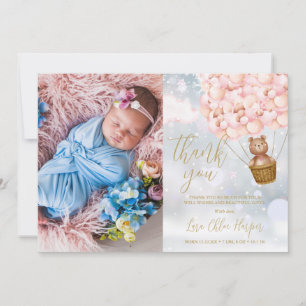 Süße rosa Luftballons Bär Winter Baby Foto Dankeskarte