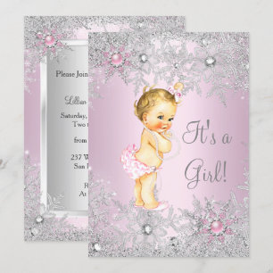 Süße rosa Mädchen Baby Shower Schneeflocke Blondin Einladung