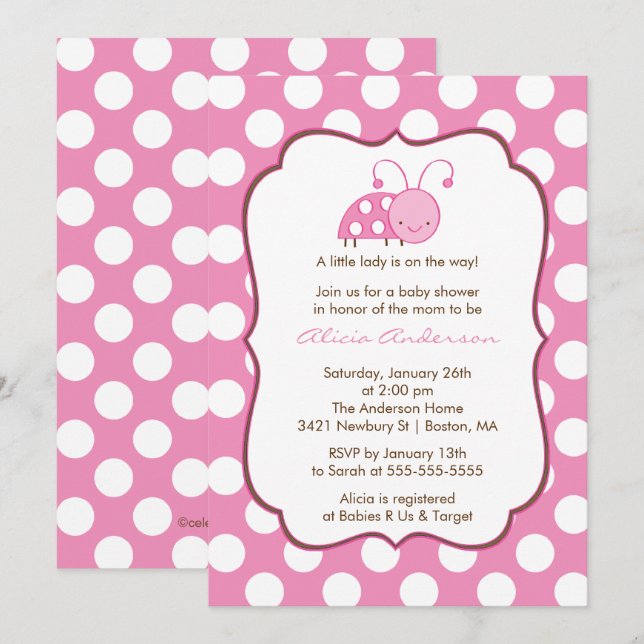 Süße rosa Marienkäfer-Babyparty-Einladung Einladung (Vorne/Hinten)