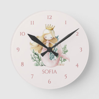 Süße rosa Meerjungfrau-Kinderwanduhr Runde Wanduhr