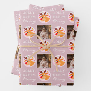 Süße rosa Rentiere Familien Foto Weihnachten Geschenkpapier Set