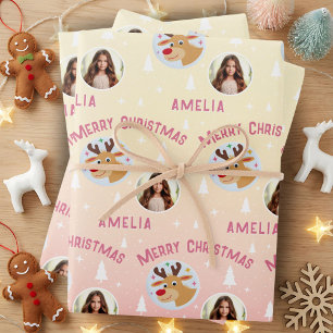 Süße rosa Rentiere Kindername Foto Weihnachten Geschenkpapier Set