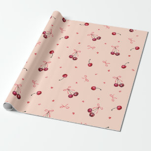 Süße rosa rote Kirschen Herzen Schleifen Sanft Ora Geschenkpapier