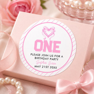 Süße Rosa Schleife Coquette 1. Geburtstag Runder Aufkleber