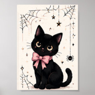 Süße rosa Schleife Spinnennetz schwarze Katze Poster