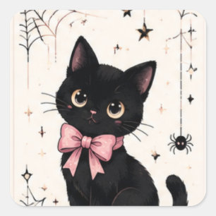 Süße rosa Schleife Spinnennetz schwarze Katze Quadratischer Aufkleber