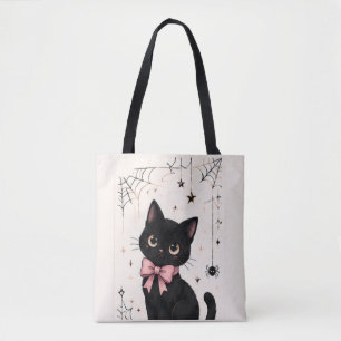 Süße rosa Schleife Spinnennetz schwarze Katze Tasche