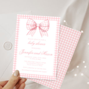 Süße rosa Schleifenband Gingham-Baby-Mädchen-Party Einladung