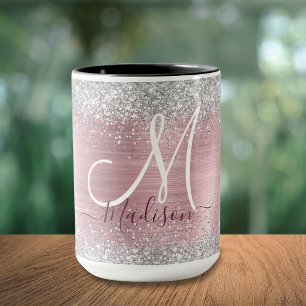 Süße rosa Silber-Faux-Glitter-Monogramm Tasse
