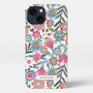 Süße rosa und blaue Aquarellblumen Volkskunst iPhone Hülle