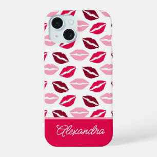 Süße rosa und rote Lippenstift-Küsse Schriftname iPhone 15 Hülle