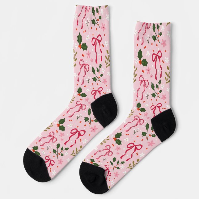 Süße rosa Weihnachtsstrümpfe mit Stechpalme Socken (Linkes Detail)