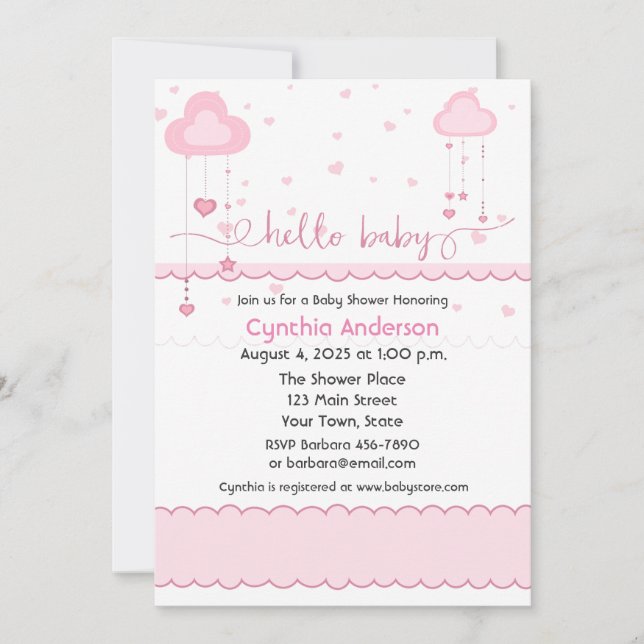 Süße rosa Wolken und Herz-Babyparty Einladung (Vorderseite)