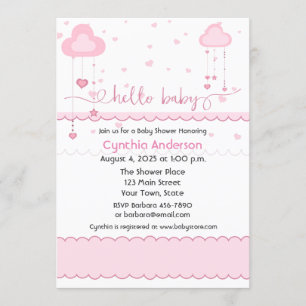 Süße rosa Wolken und Herz-Babyparty Einladung
