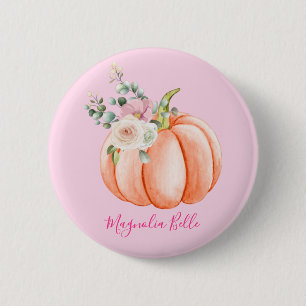 Süße rosafarbene Frühlingsblumen-Kürbis-Namensschi Button