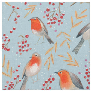 Süße rote blaue Winter Weihnachten Vögel Rotkehlch Stoff