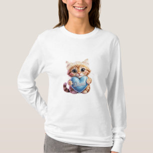 Süße rote Katze mit blauem Herzen, weißes Langarms T-Shirt