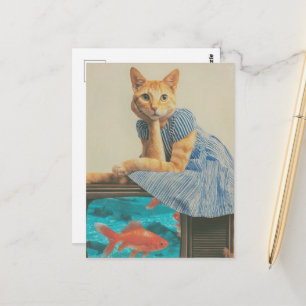 Süße rote Katze mit Goldfisch Retro-Collage Postkarte