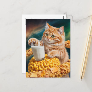 Süße rote Katze mit Milch im Weltraum Postkarte