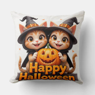 Süße rote Katzen in Hexenhüten Halloween-Kürbisse Kissen