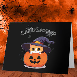 Süße rote Katzenhexe in Halloween-Kürbislaterne Dankeskarte