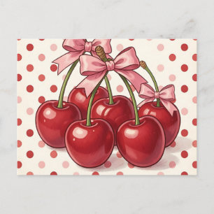 Süße rote Kirschen rosa Schleifen Retro-Punkte Postkarte