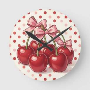 Süße rote Kirschen rosa Schleifen Retro-Punkte Runde Wanduhr