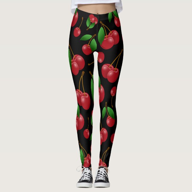 Süße rote Kirschmuster auf schwarz Leggings (Vorderseite)