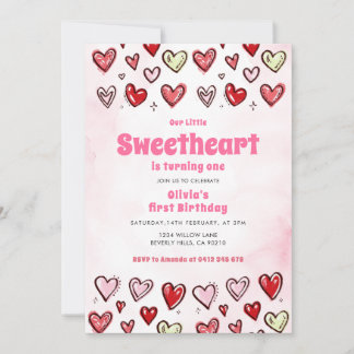 Süße rote rosa Herzen Valentinstag 1. Geburtstag Einladung