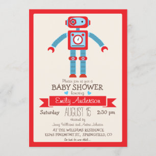 Süße rote und blaue Vintage-Roboter-Baby-Party Einladung