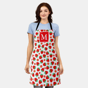 Süße rote und weiße Sommer-Erdbeeren-Monogramm Schürze