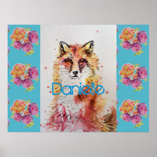Süße Rotfuchs-Tier Teal-Rose Rosen Poster