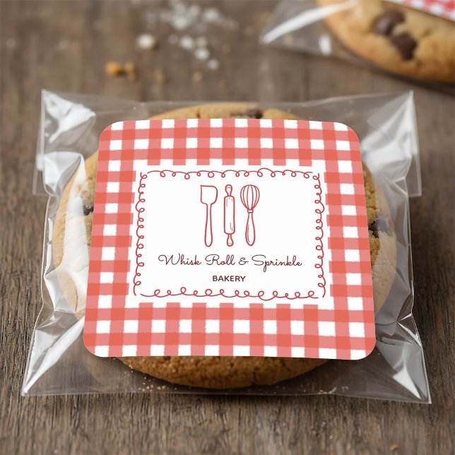 Süße rustikale Farmhouse-Gingham-Bäckereietiketten Quadratischer Aufkleber (Von Creator hochgeladen)