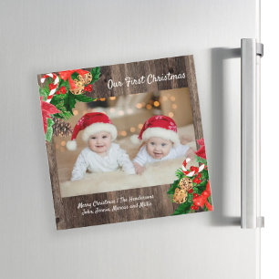 Süße rustikale Holz-Babys erstes Weihnachtsfoto Magnetkarte