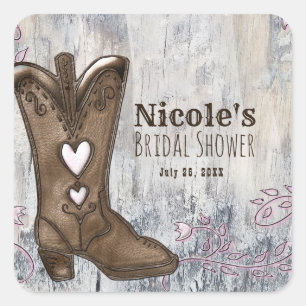 Süße Rustikale Rosa Cowgirl-Herzstiefel Hochzeitsd Quadratischer Aufkleber