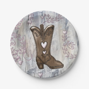 Süße rustikale rosa Cowgirl-Herzstiefel Hochzeitss Pappteller