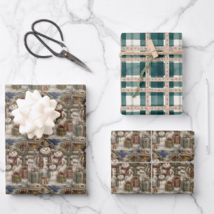 Süße rustikale Schneemänner und karierte Country u Geschenkpapier Set