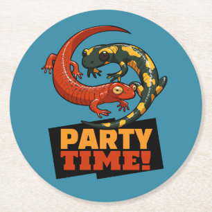 Süße Salamander Party Zeit! Rot & Feuer Cartoon Runder Pappuntersetzer