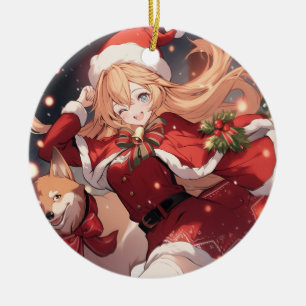 Süße Santa Anime-Girl und Weihnachts-Shiba-Hund Keramik Ornament