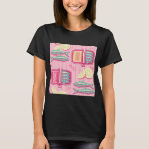 Süße Sardinen Muster mit Zitronen. Rosa nahtloses T-Shirt