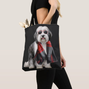 Süße Schäferhündin und rotes Karo Feiertags Weihna Tasche
