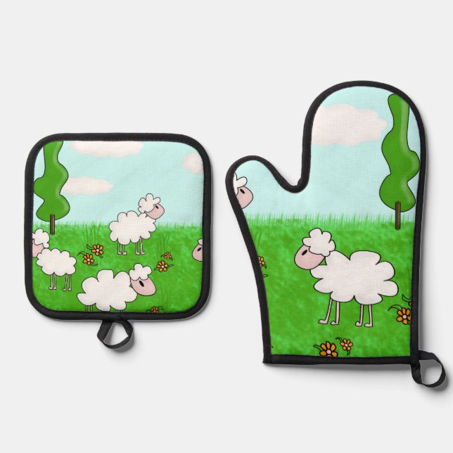 Süße Schafkinder-Illustration Ofenhandschuh & Topflappen-Set (Vorderseite)