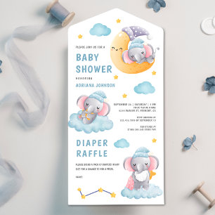 Süße schlafende Elefant-Halbmond-Baby-Party All In One Einladung